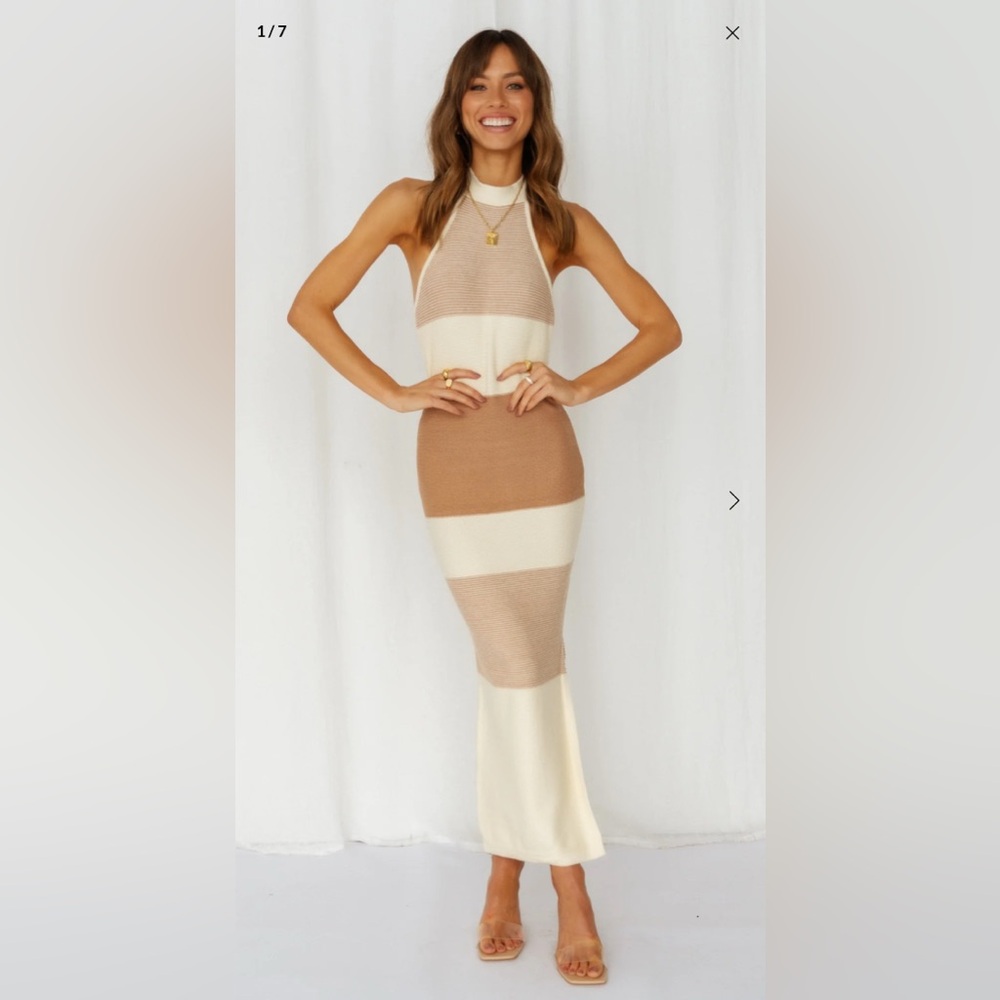 Hello Molly Women Dishing It Out Knit Halter Midi Dress White / Brown